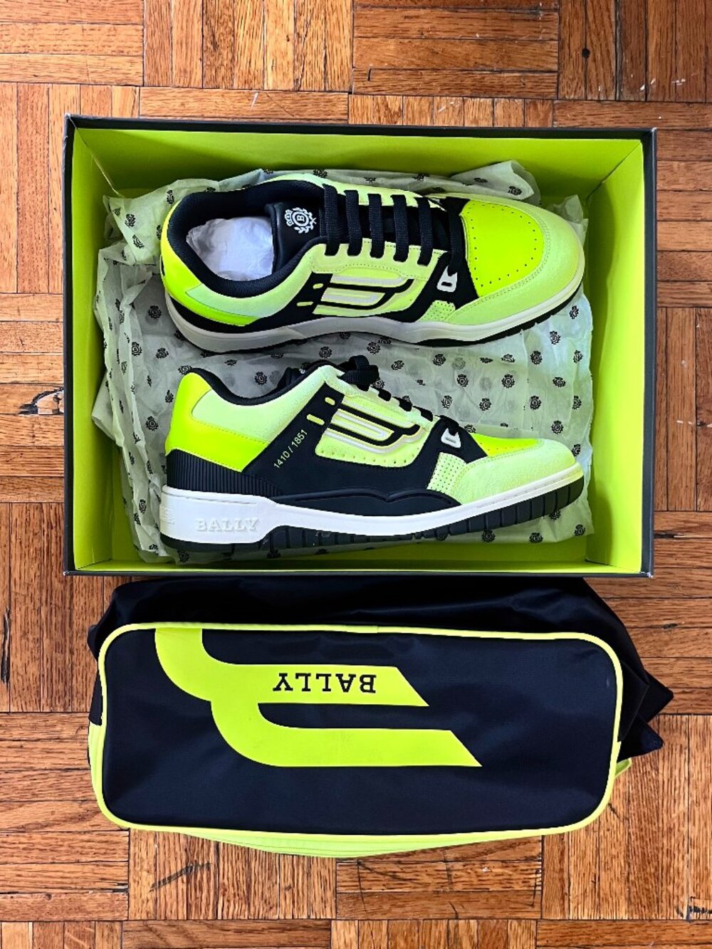 New Bally Kuba Sneakers Yellow Fluo Black Leather Size 41 EU / US 8 w/ Box & Dus